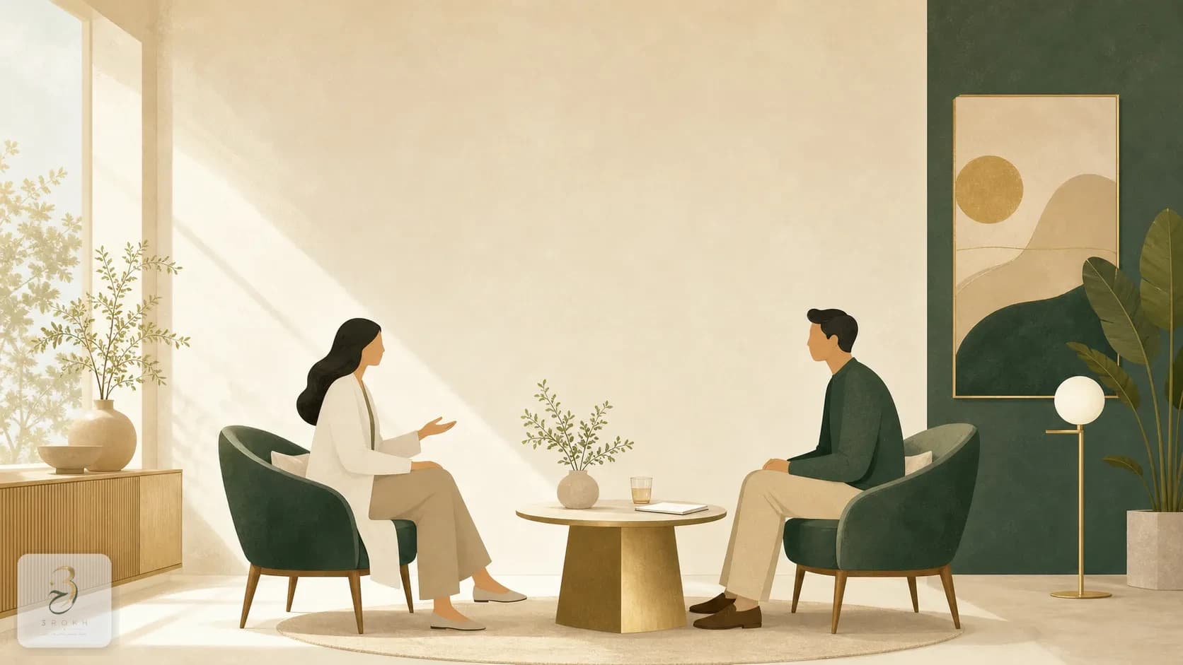 Patient and surgeon talking in a calm, orderly consultation room