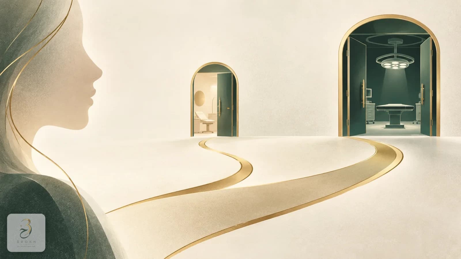 A simple gold fork from an abstract profile: a short branch to a clinic door and a longer one to an operating room, representing two paths after a nasal fracture