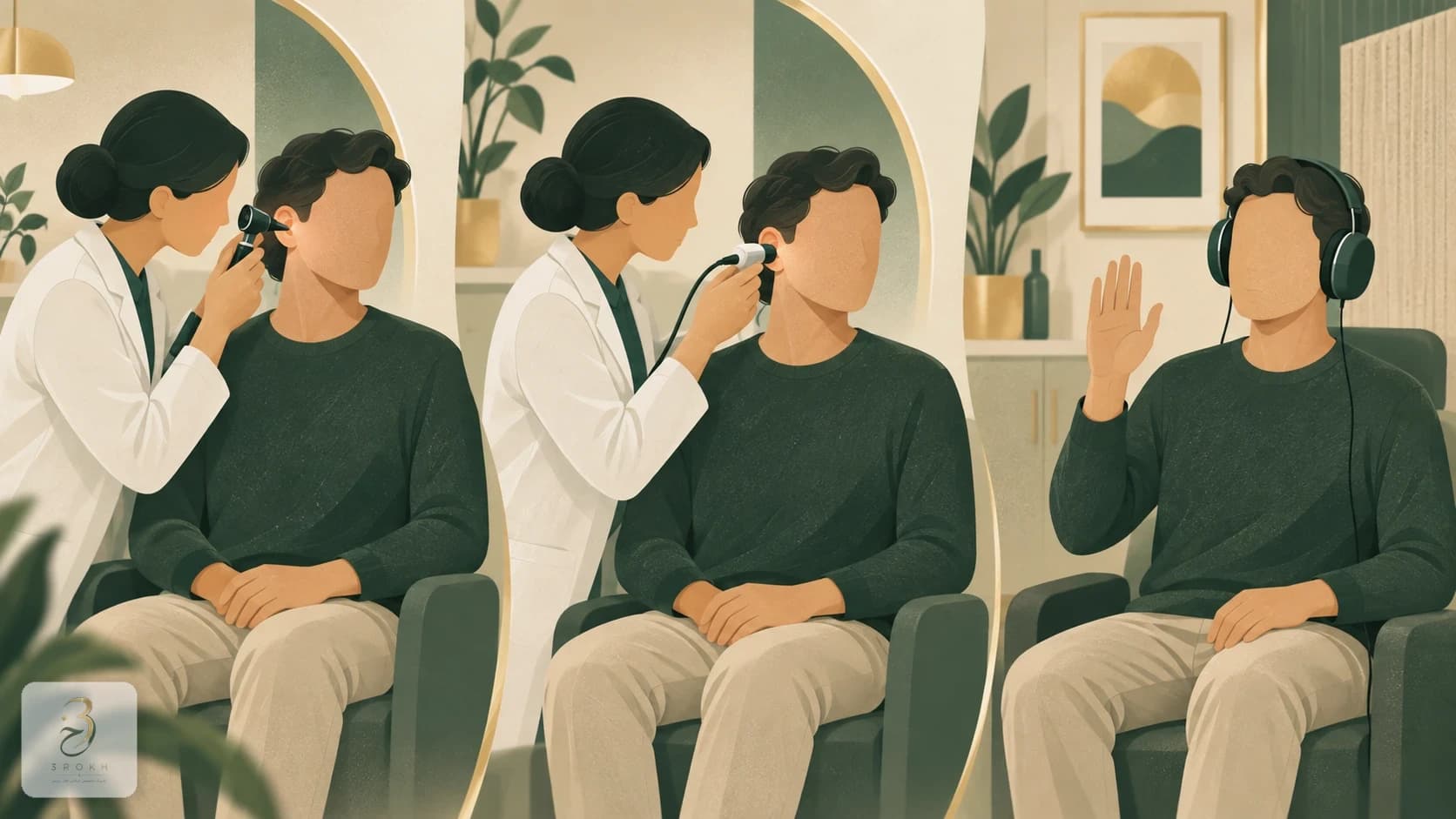 Three stages of ear assessment showing otoscopy, tympanometry and headphone audiometry