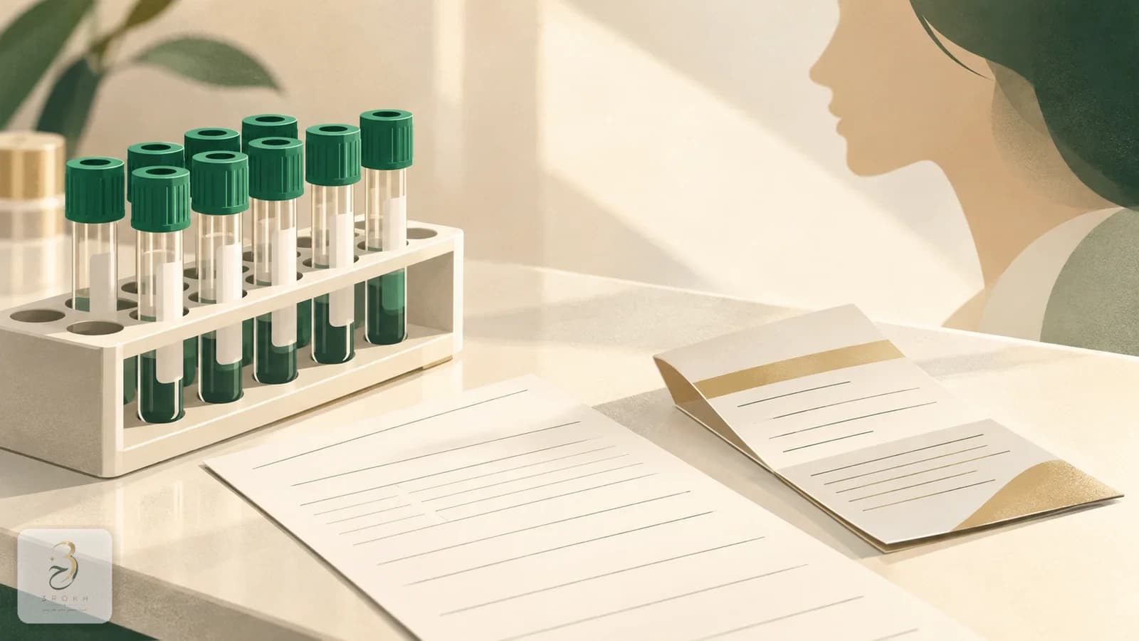 Blood sample tubes and a request form beside an insurance form on a laboratory table, for estimating the cost of pre-rhinoplasty tests