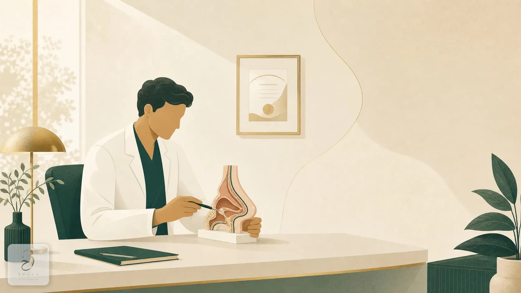 Fellowship-trained rhinologist examining an anatomical nose model in clinic