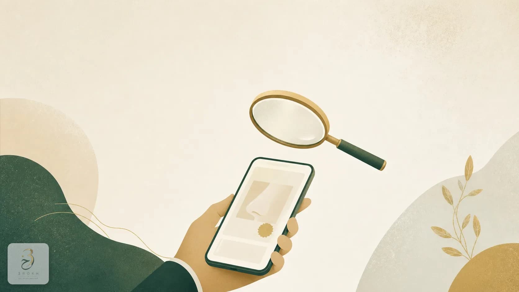 A person looking critically at a rhinoplasty ad on a phone screen