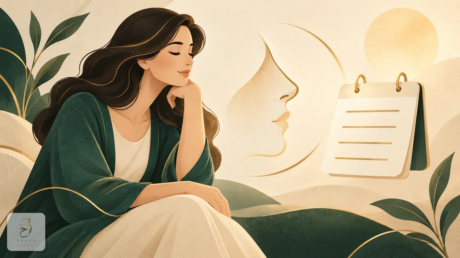 Abstract illustration of a calm mother beside a simple nose profile and a calendar icon, representing the concept of rhinoplasty timing after pregnancy