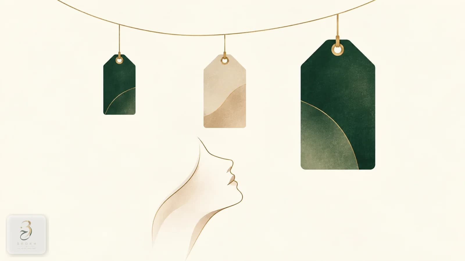 Three price tags of different sizes hanging from a gold line above an abstract nose profile, representing the price gap between surgeons