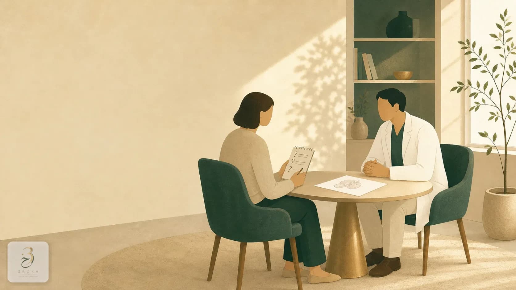 Patient and surgeon talking across a consultation desk with a notepad of questions