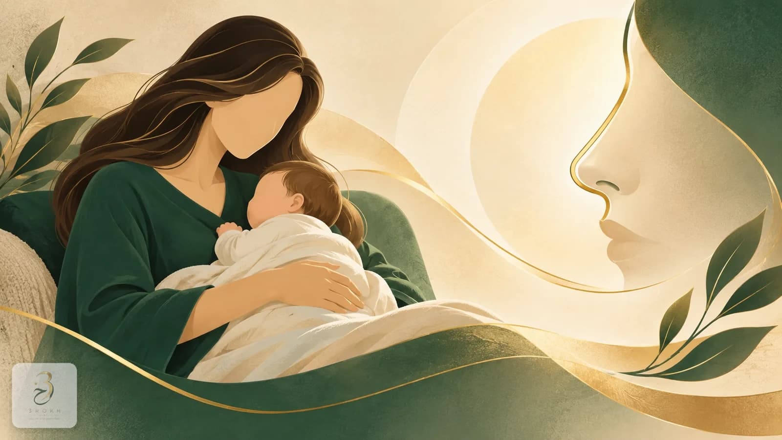 رسم تجريدي لأم هادئة بجانب نيمرخ بسيط للأنف، يعبّر عن مفهوم عملية الأنف أثناء الرضاعة الطبيعية