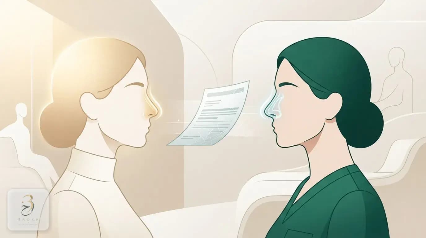 A medical chart and insurance form beside an abstract nose profile, symbolizing cosmetic vs. therapeutic nose surgery