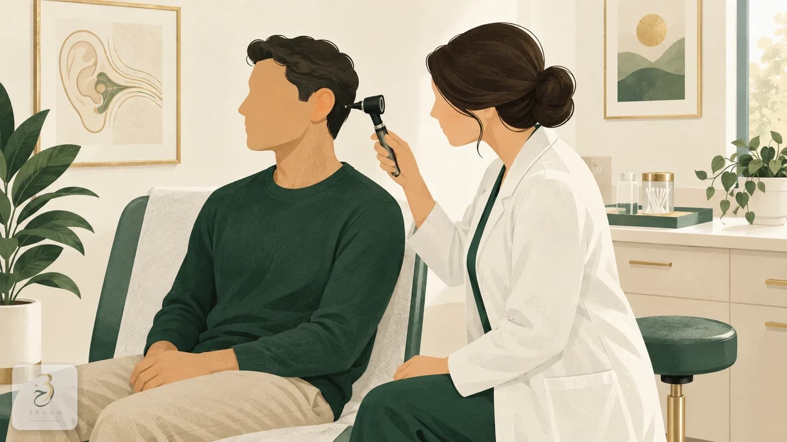 Clinician examining a patient's ear with an otoscope in a calm consultation room