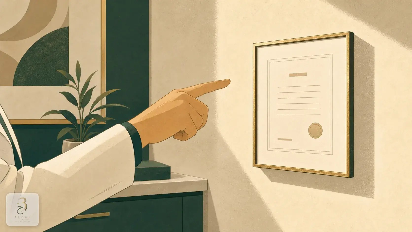 A hand pointing to a framed specialty certificate on a consulting room wall