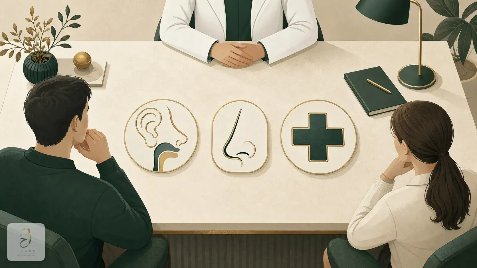 Three simplified medical symbols arranged side by side on a consultation desk