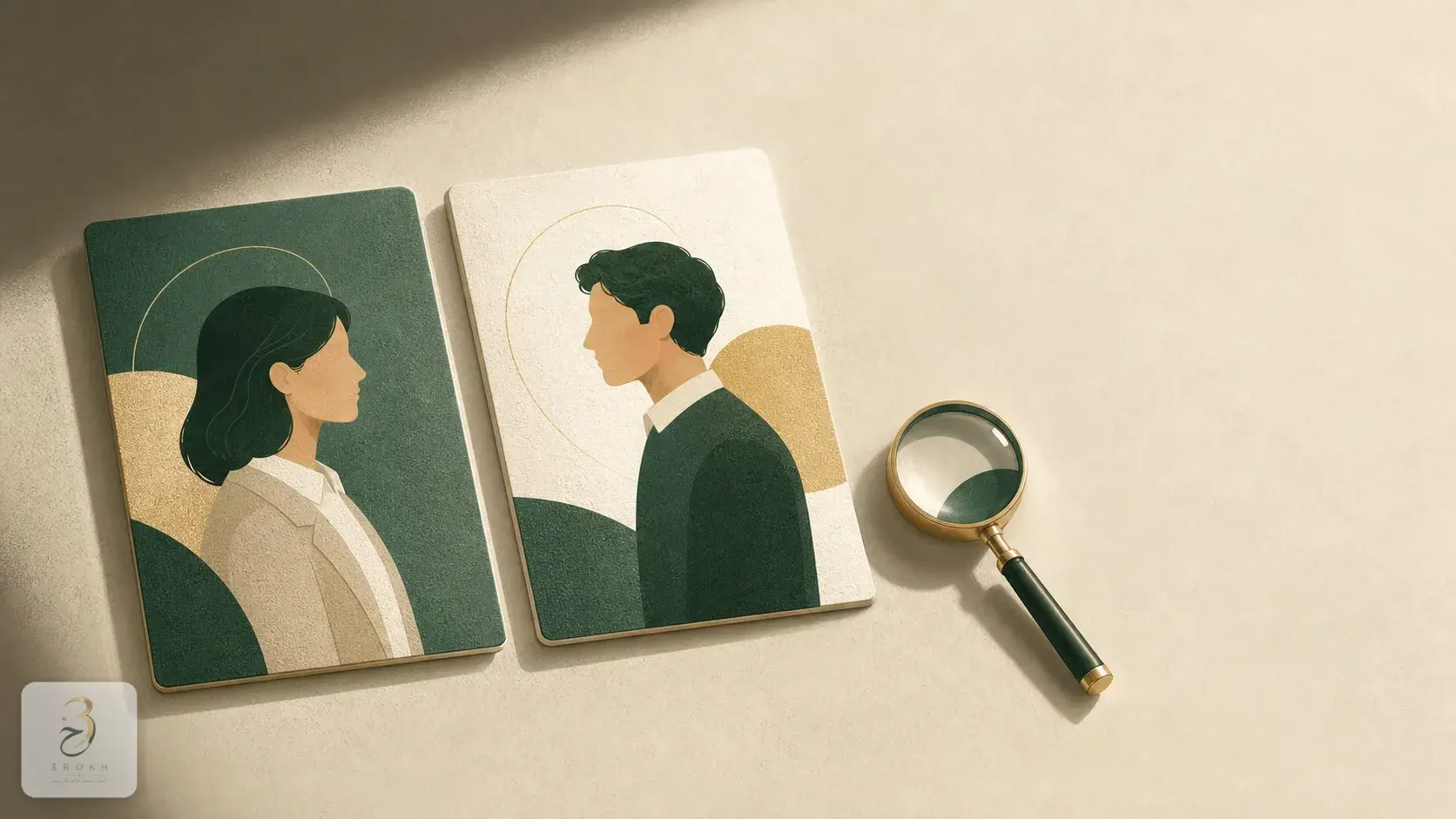 Two profile photographs side by side on a lit table with a simple magnifying glass beside them