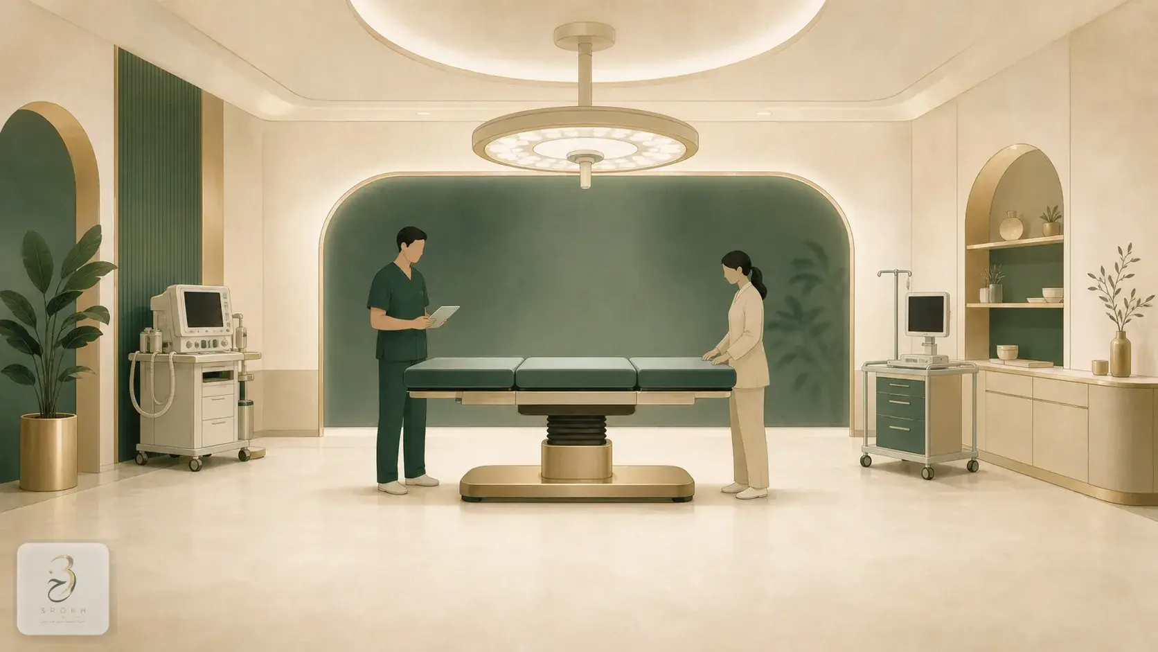 A simplified operating room with tidy equipment and even lighting