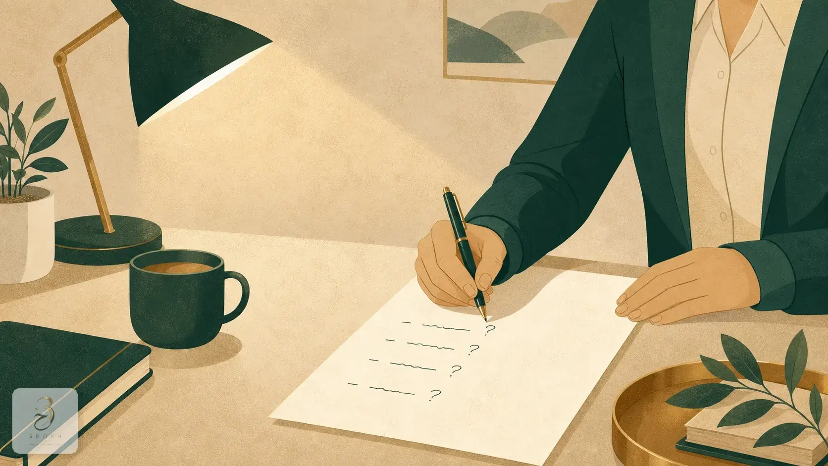A hand taking notes from a list of questions on a sheet of paper
