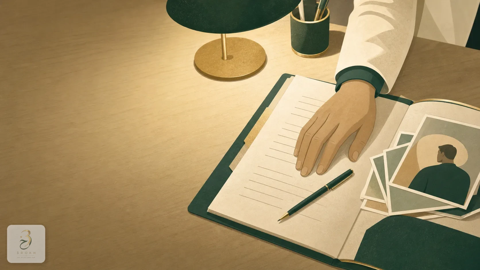 Surgeon's hand reviewing a patient file on the consultation desk