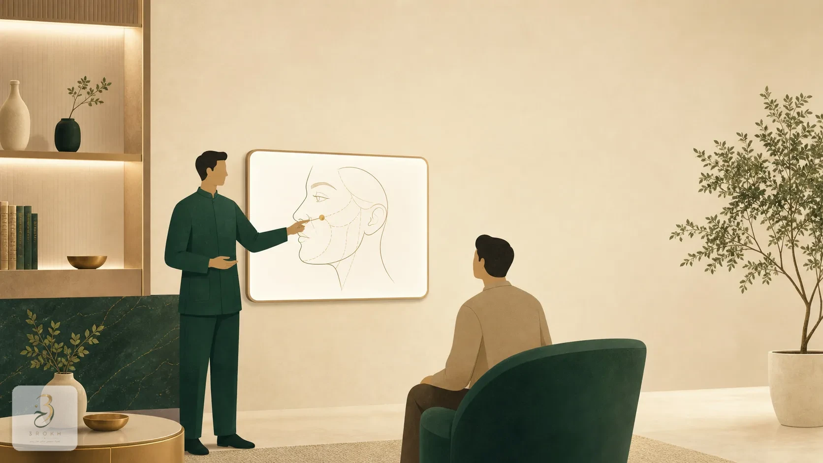 Surgeon showing an anatomy diagram on a screen to the patient