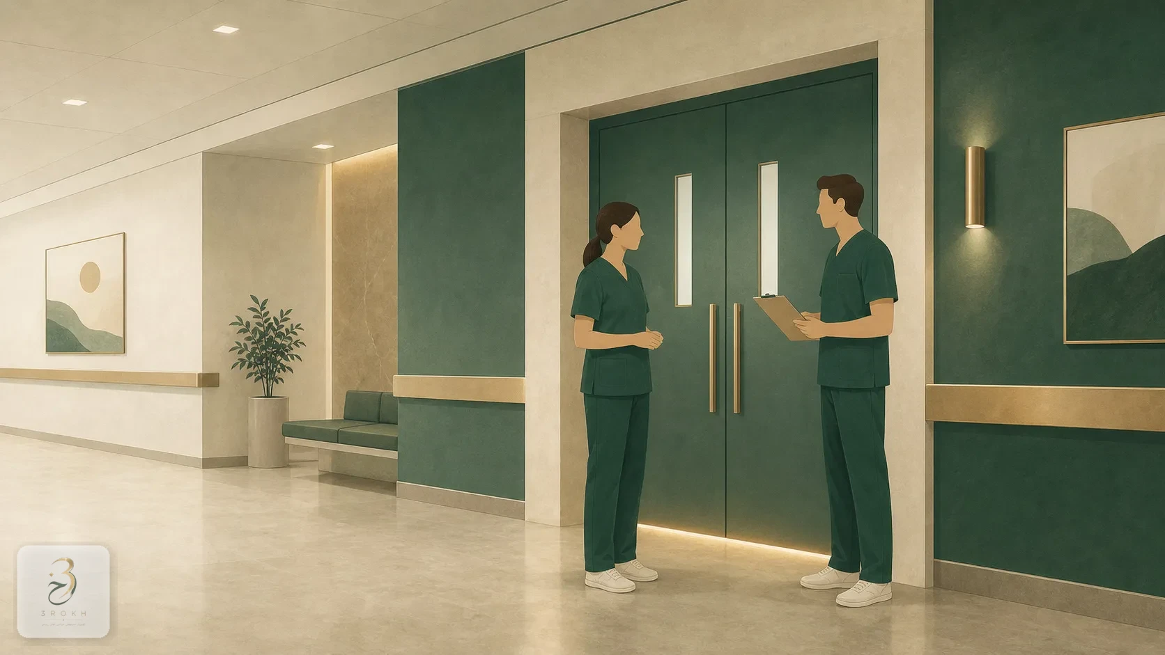 Two people in medical scrubs talking outside an operating room