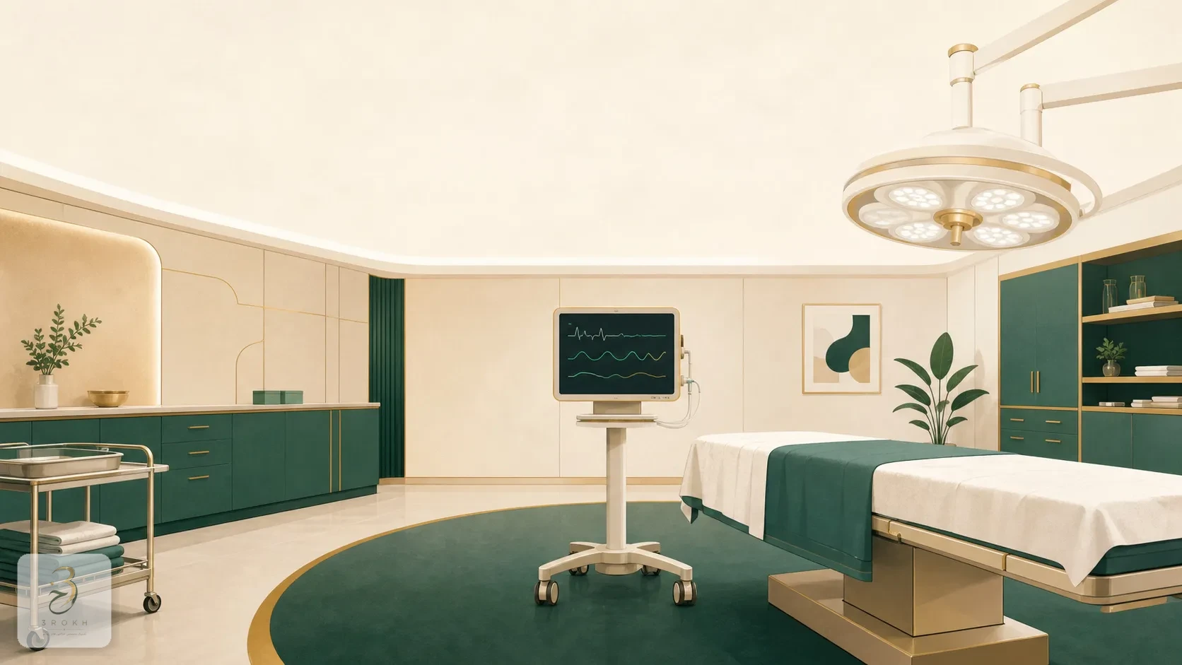 Orderly operating room with vital-sign monitoring equipment and even lighting