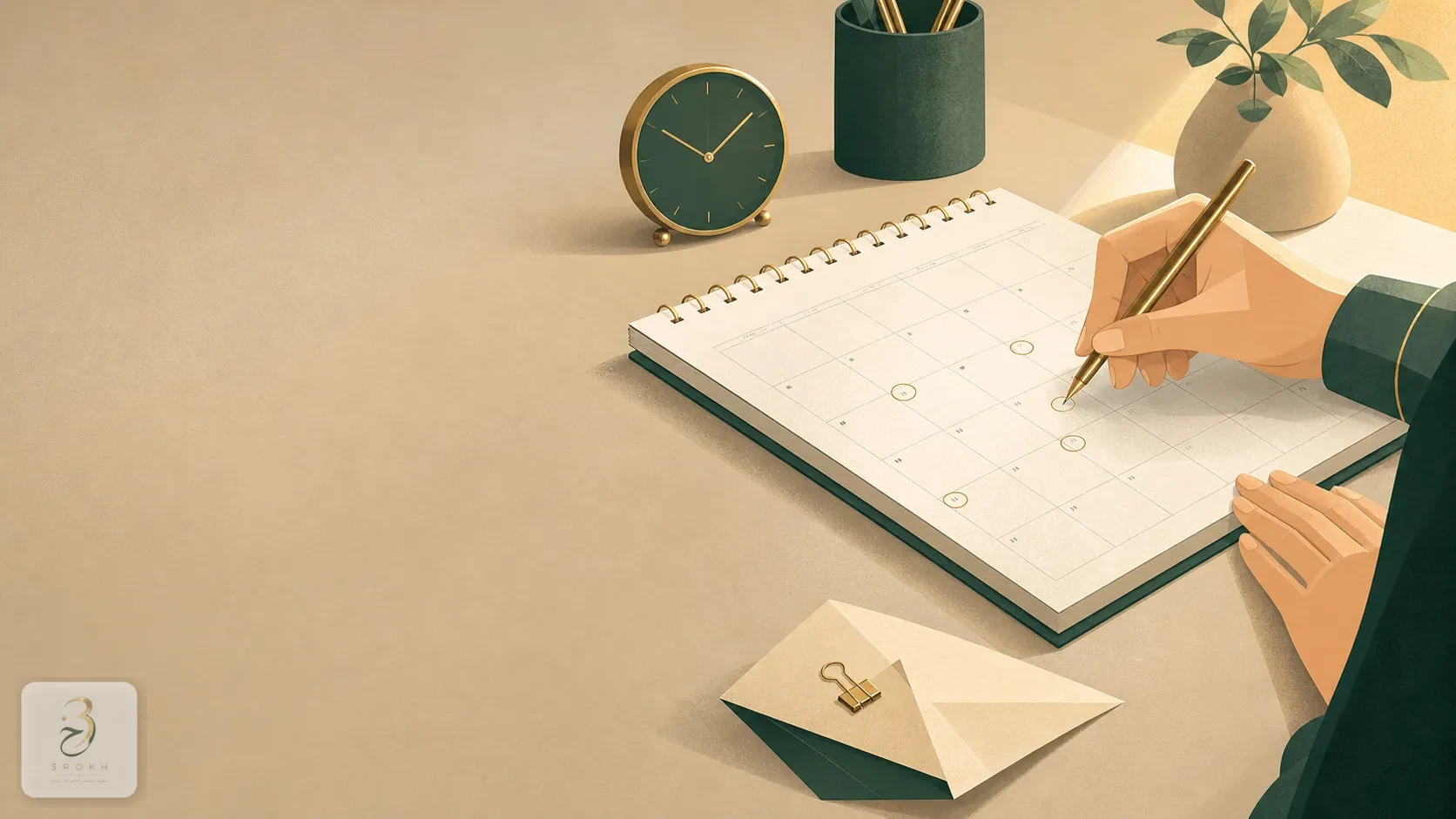 A hand noting post-operative visit dates on a desk calendar