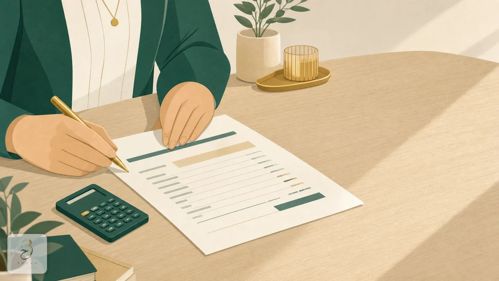 A hand reviewing an invoice and a calculator on a desk