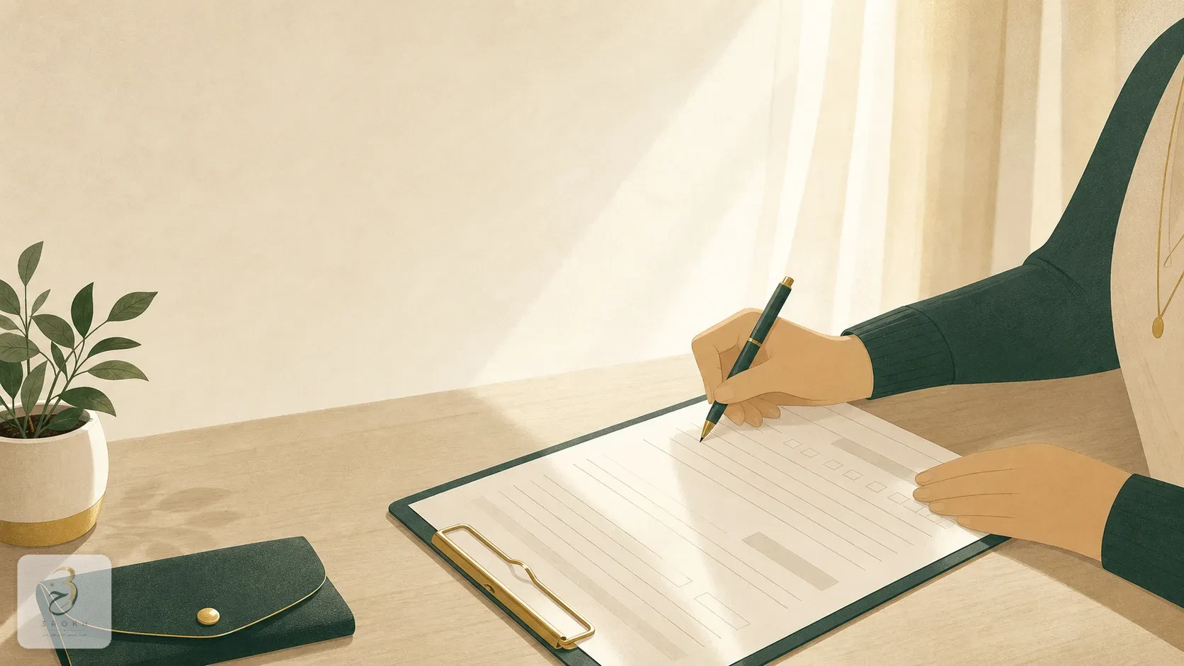Hand filling out a medical intake form at a clinic reception desk
