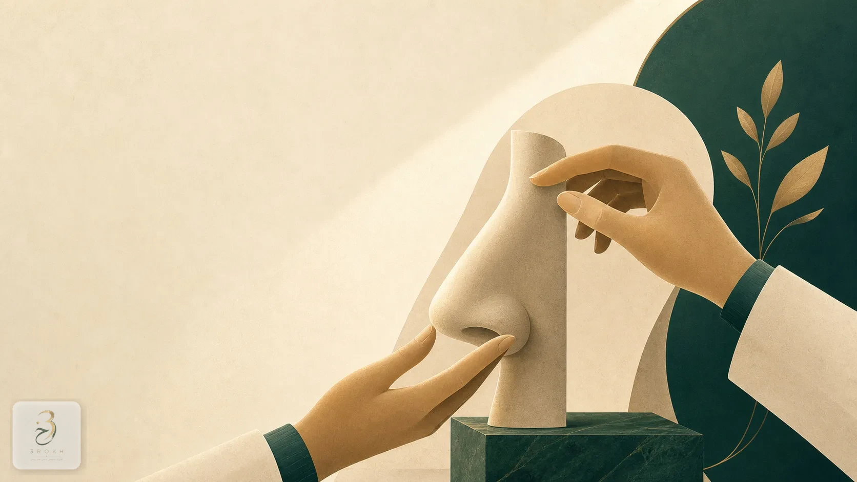 Surgeon's hands examining an abstract nose shape under soft directional light