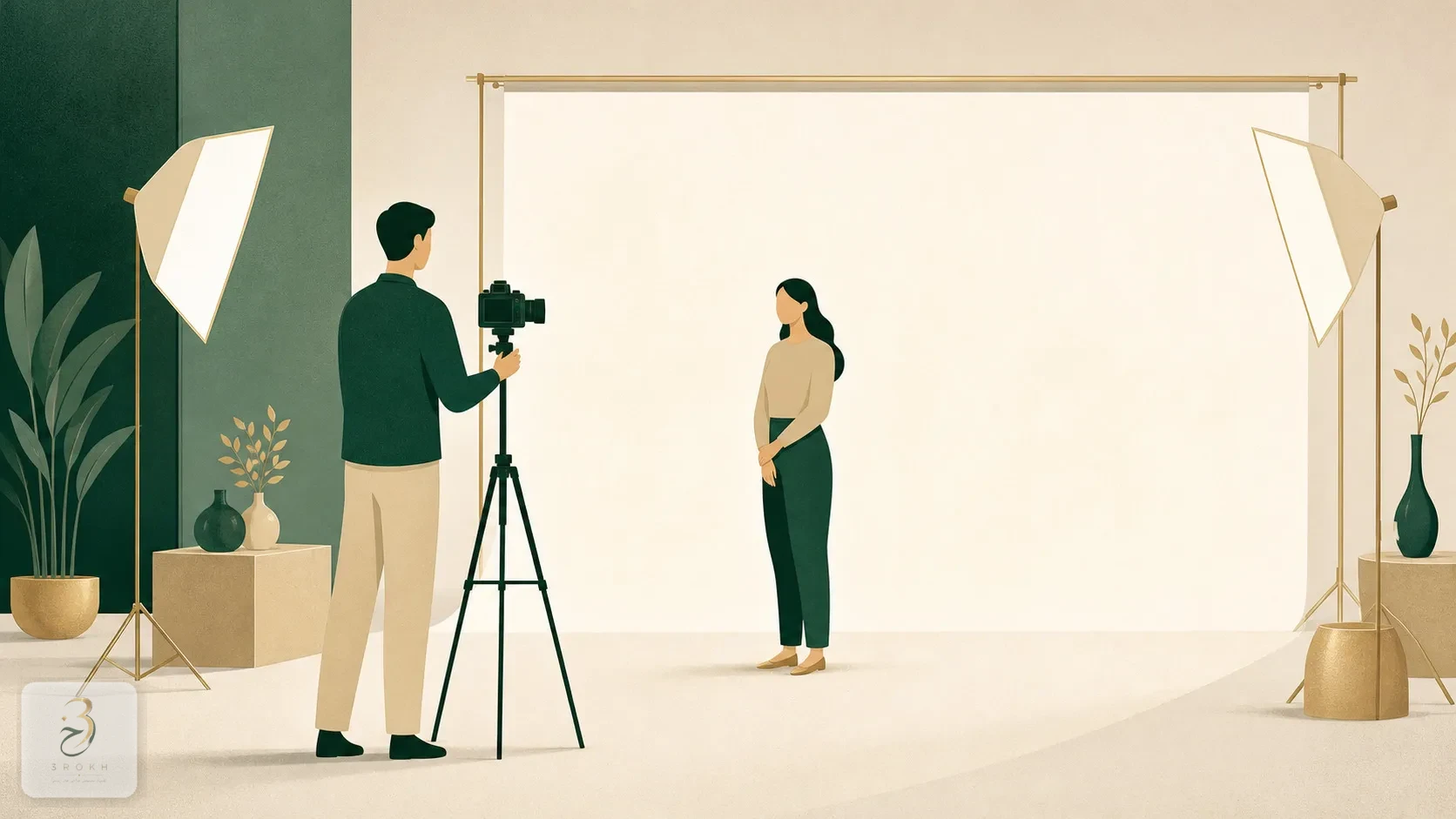 Camera on a tripod facing a plain backdrop with even studio lighting