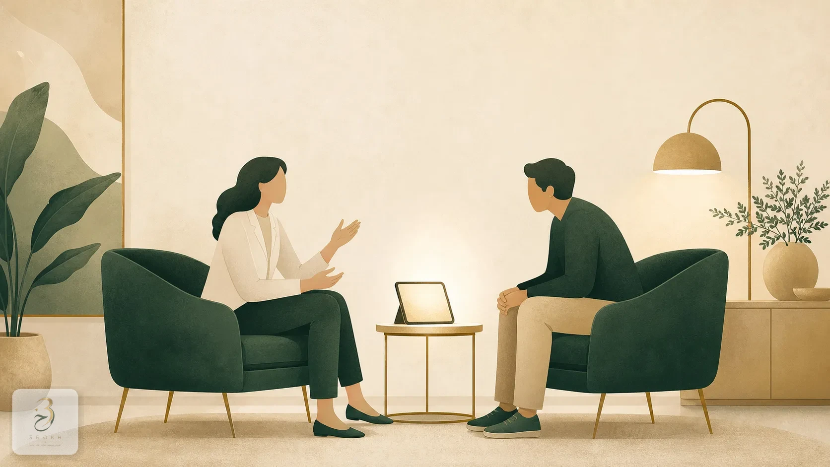 Two chairs facing each other beside a small lit screen in a calm consultation room