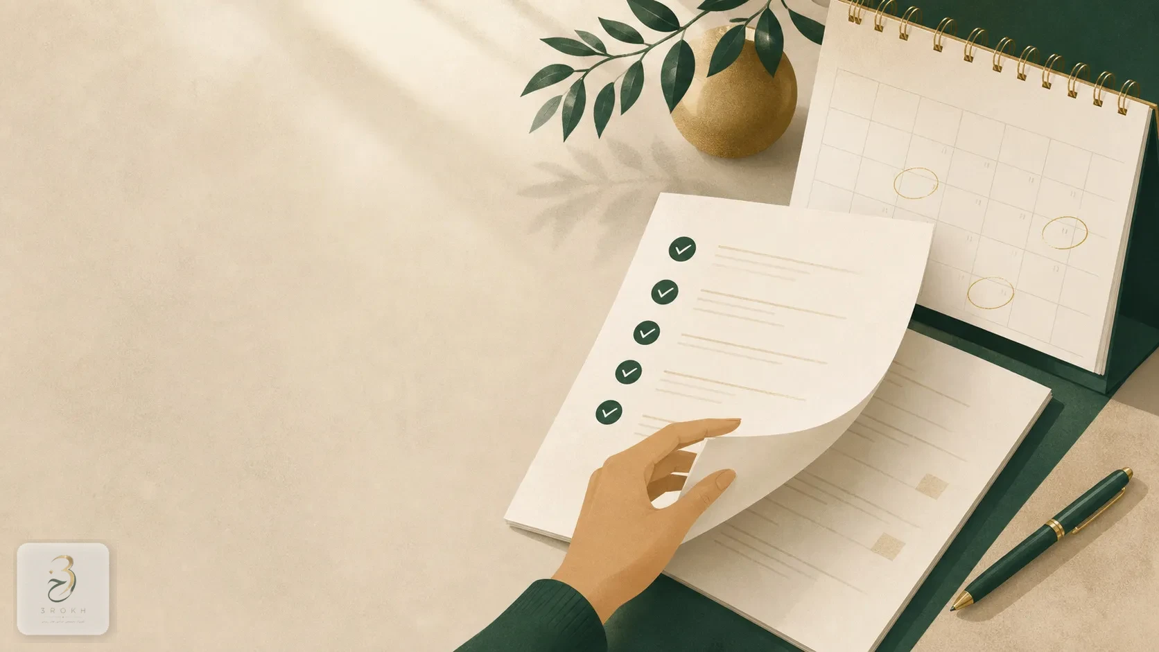 Hand reviewing a test checklist next to a desk calendar