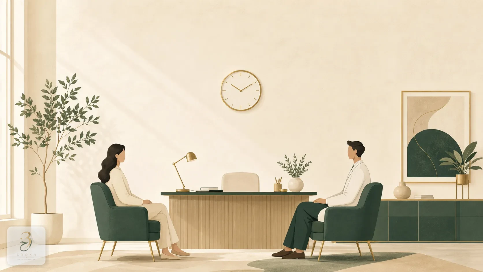 Simple wall clock above a tidy consultation desk with two empty chairs