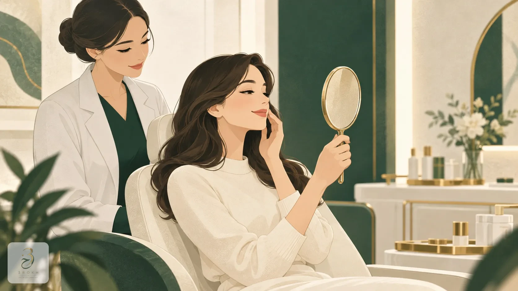 بیمار راضی در حال مشاهدهی آرام نتیجه در آینهی کوچک مطب