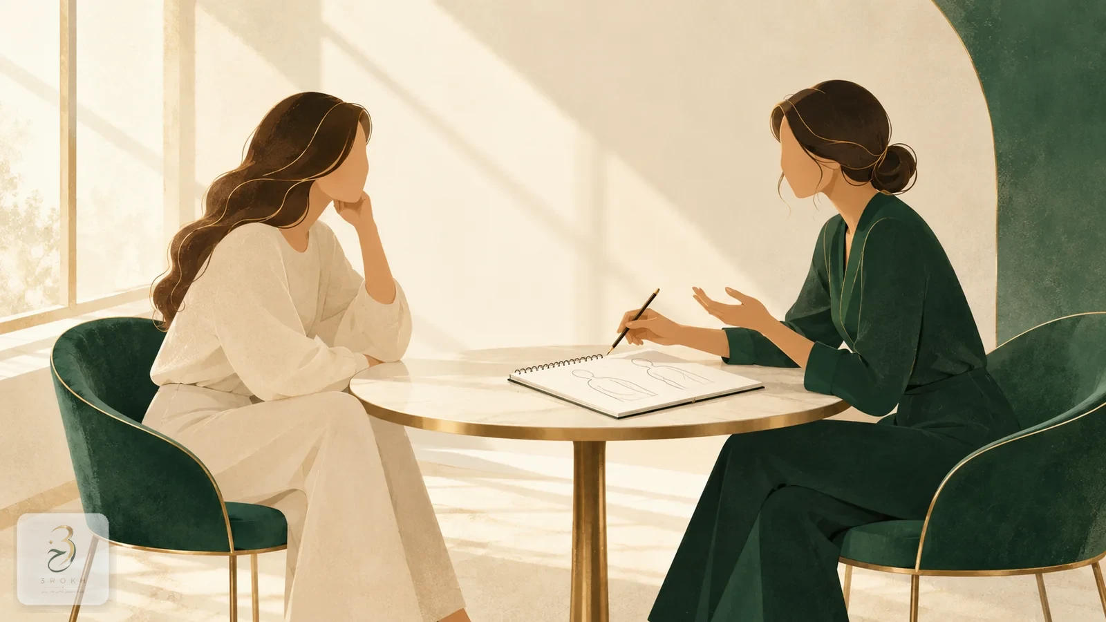 شخصيتان تجريديتان على طاولة مستديرة صغيرة مع دفتر رسم، ترمزان إلى حوار استشاري هادئ