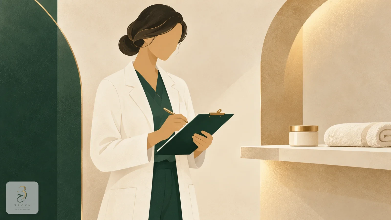 A skin-care jar beside an abstract clinician with a clipboard, representing that care decisions belong to the surgeon