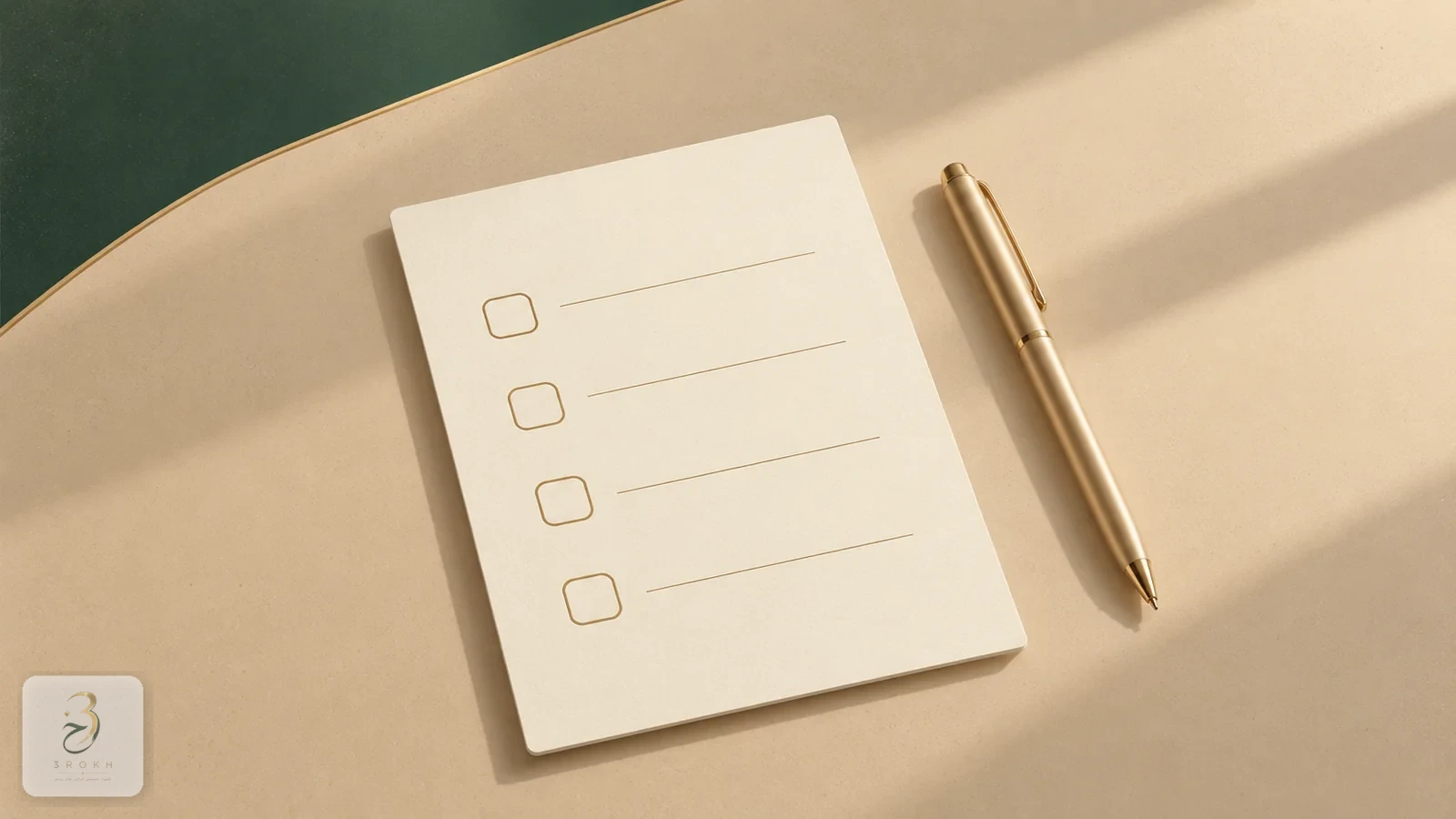 A checklist card with four empty boxes and a gold pen