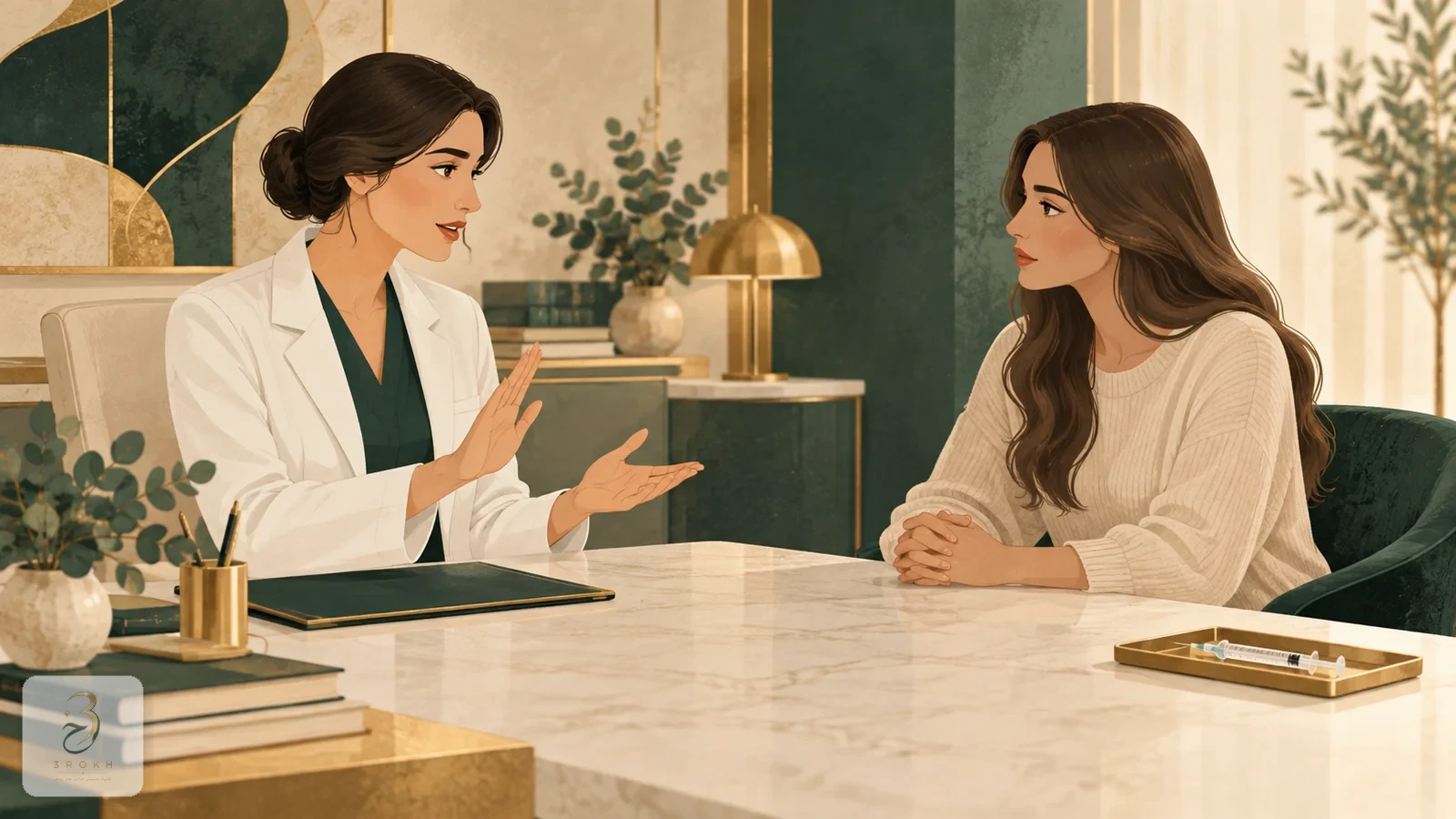 بیماری که در حال شنیدن توضیح دربارهٔ محدودیت‌های فیلر زیر چشم است