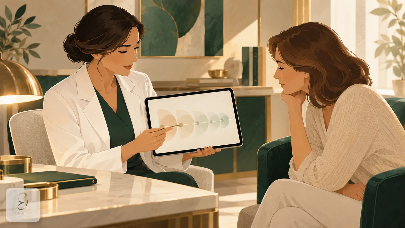 پزشک در حال توضیح دوام واقعی فیلر با استفاده از تصویر انتزاعی روی تبلت