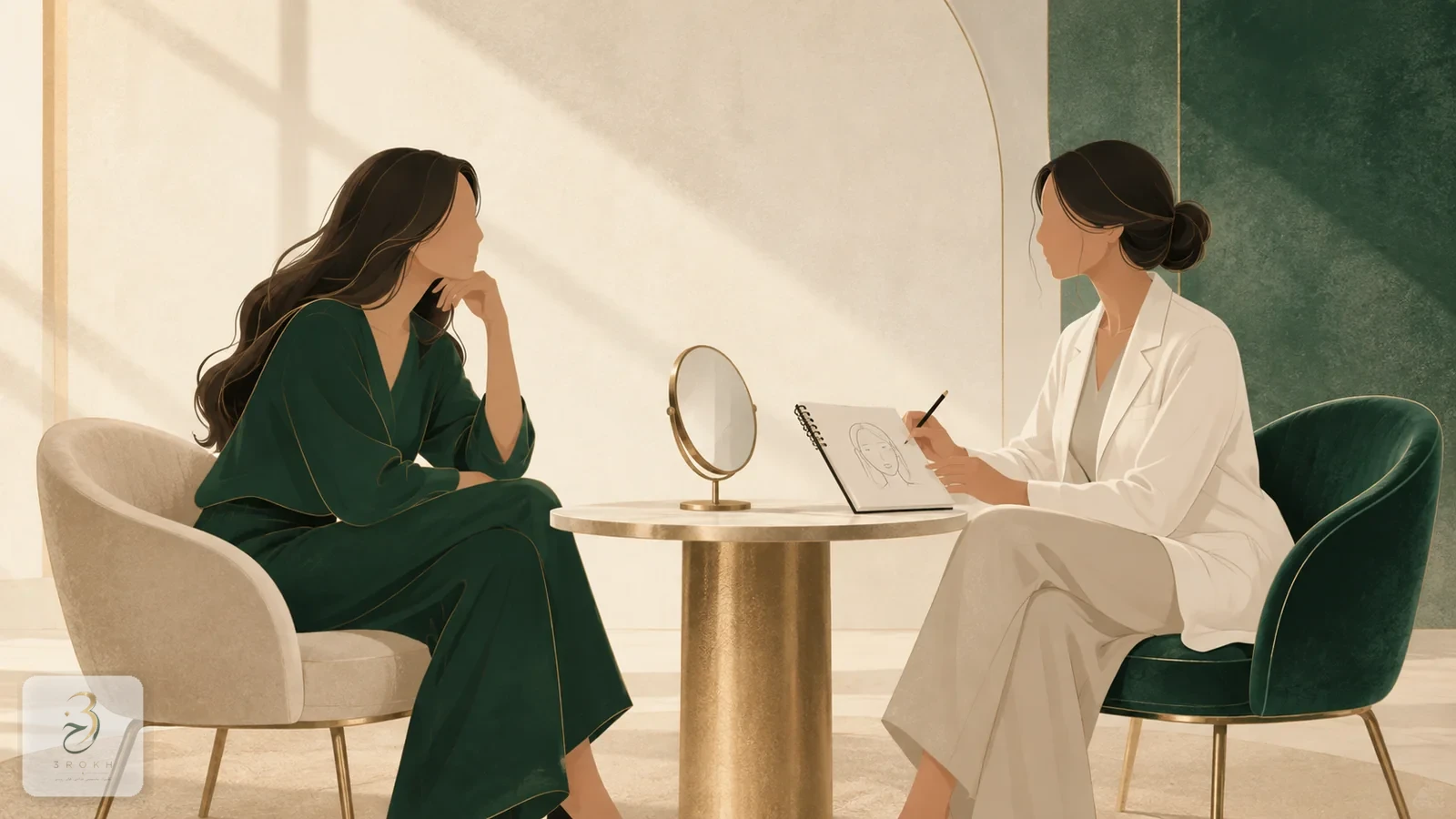 Two abstract figures at a table with a sketch pad and a small mirror, representing a thorough unhurried consultation