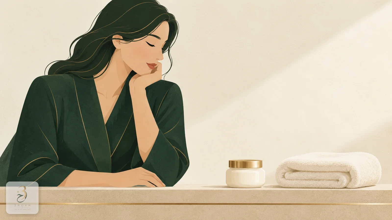 A simple jar and a folded towel on a shelf, representing skin care