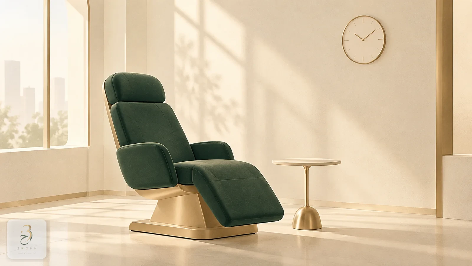 A simple clinic room with a chair and a small gold clock, representing a short visit for closed reduction