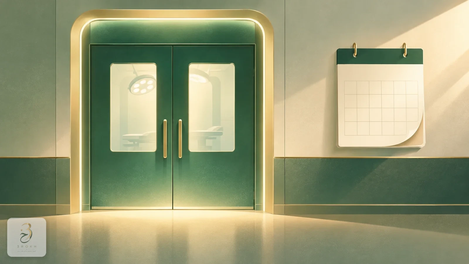 A simple operating-room doorway with a small calendar beside it, representing a planned later procedure