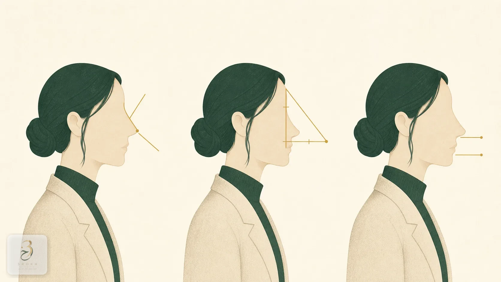 Three ratio methods for measuring projection drawn over an abstract nasal profile