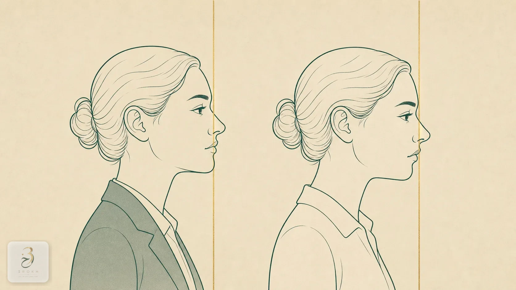 Profiles showing how a high radix and a receding chin change the reading of the nose