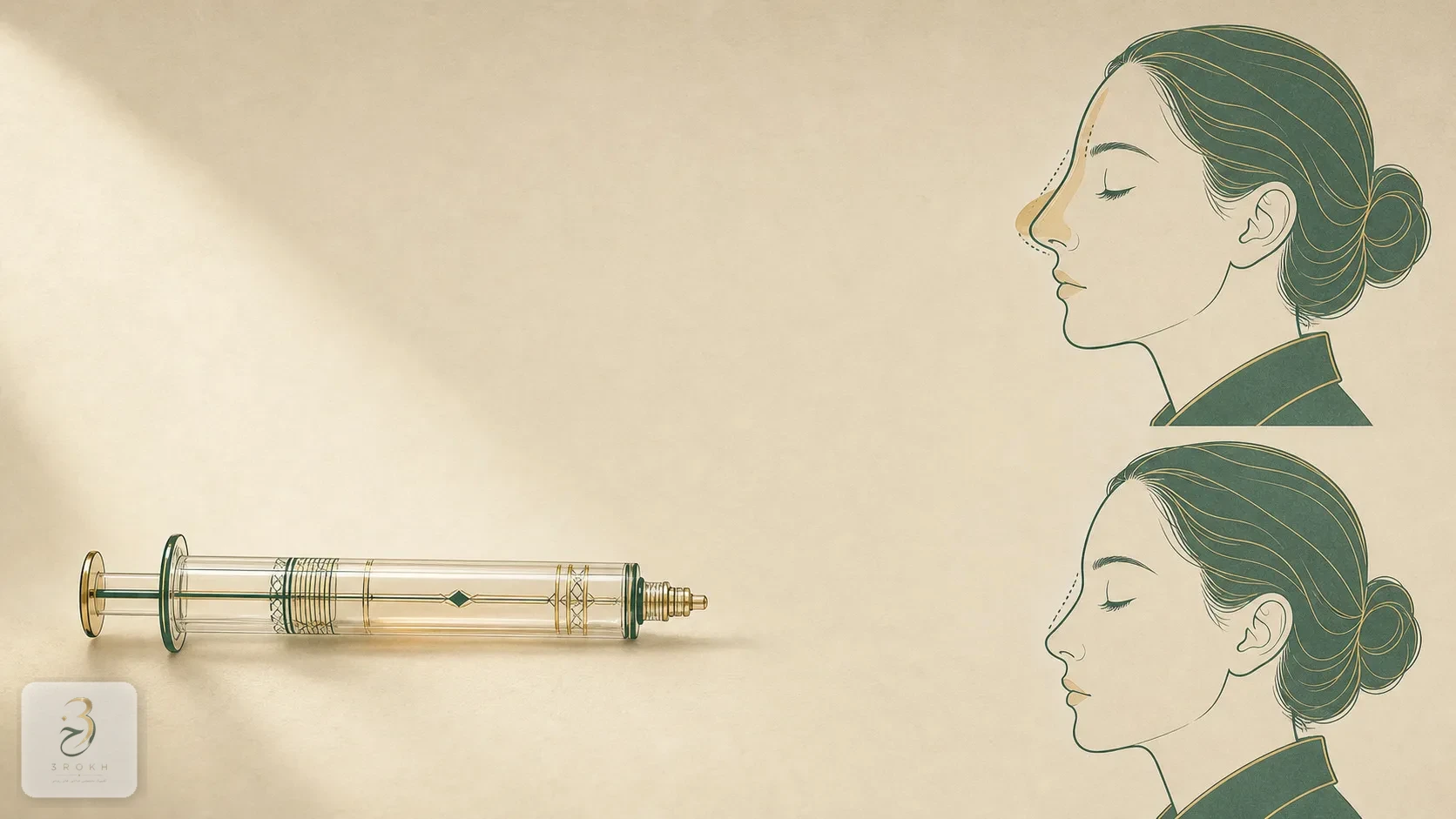 A vial of filler beside an abstract profile showing the difference between camouflage and real reduction