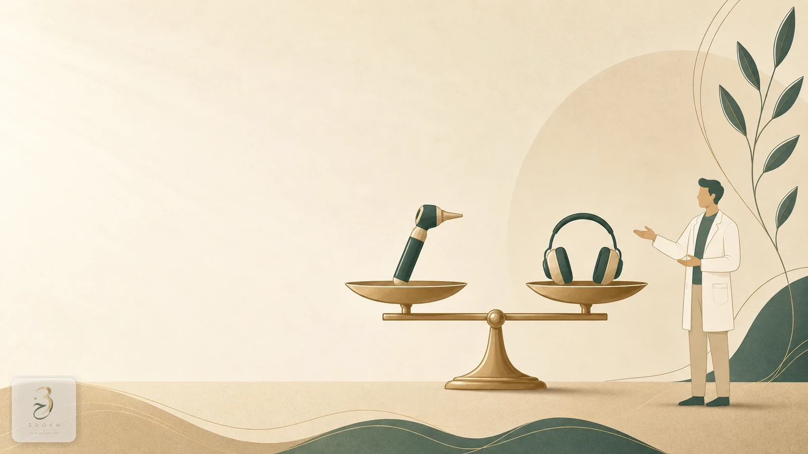 A balanced scale with an otoscope and audiology headphones showing their complementary roles