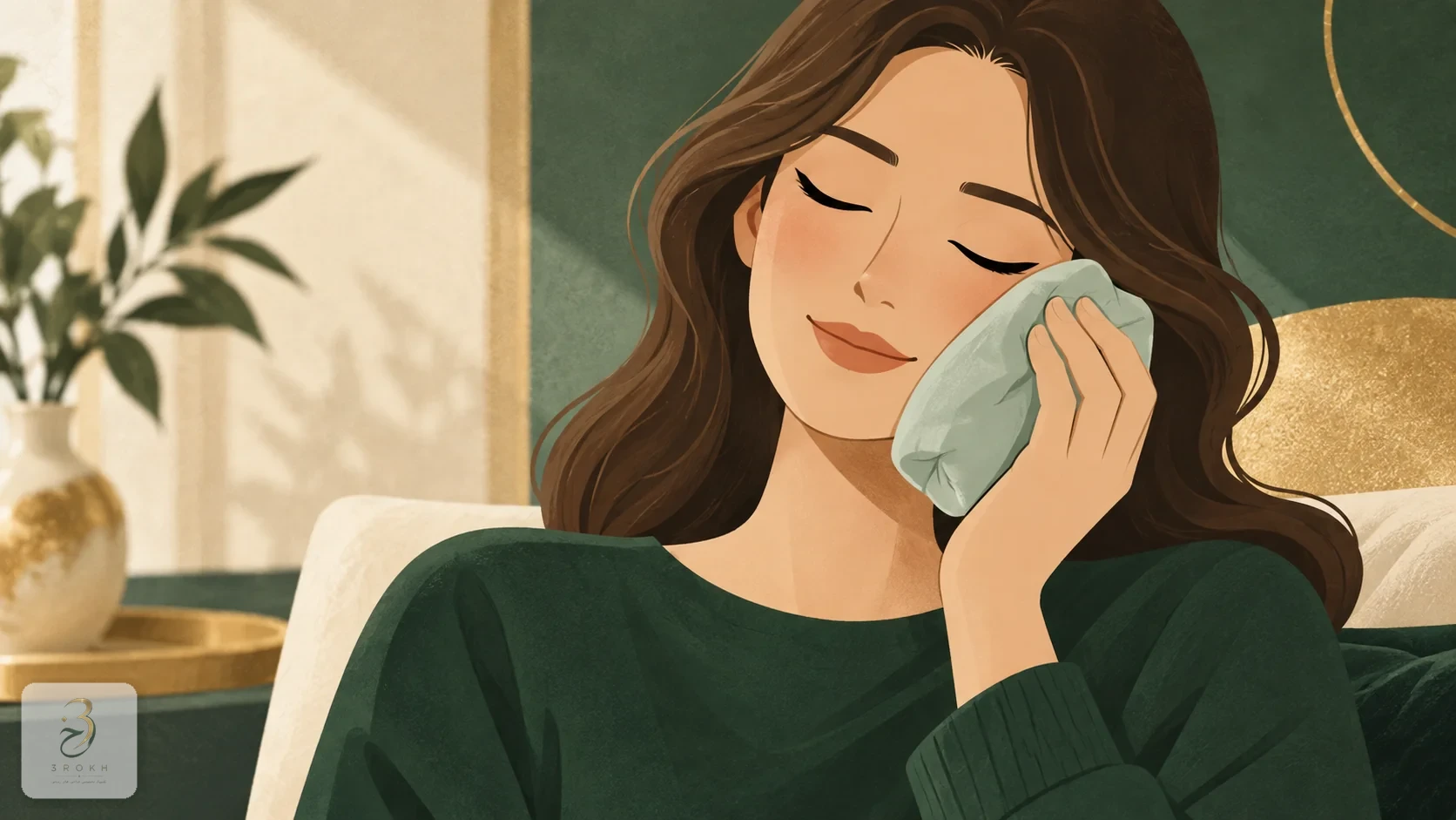 A hand gently holding a cold compress against the cheek, away from the nasal tip