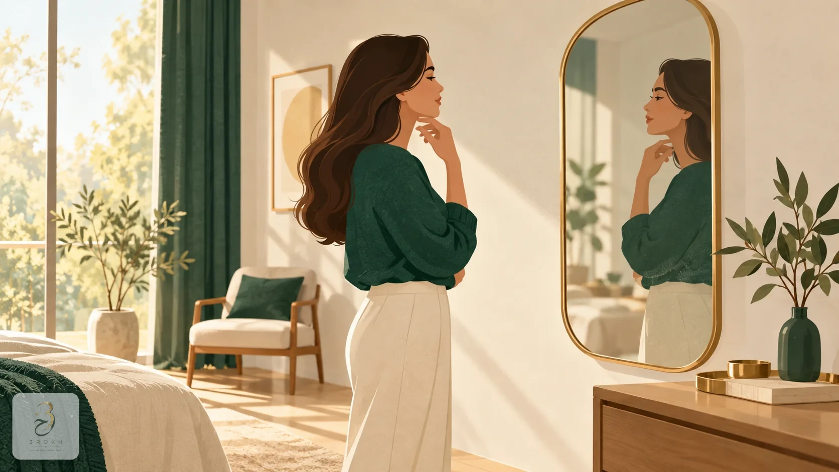 A person at home looking at their own profile in a mirror under natural light, with no medical tools involved