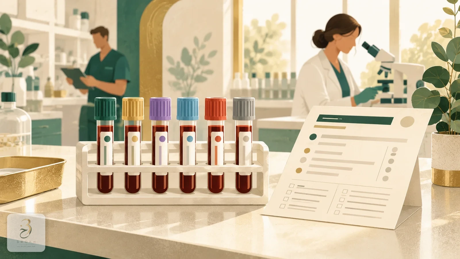 Blood sample tubes in a laboratory rack beside a request form