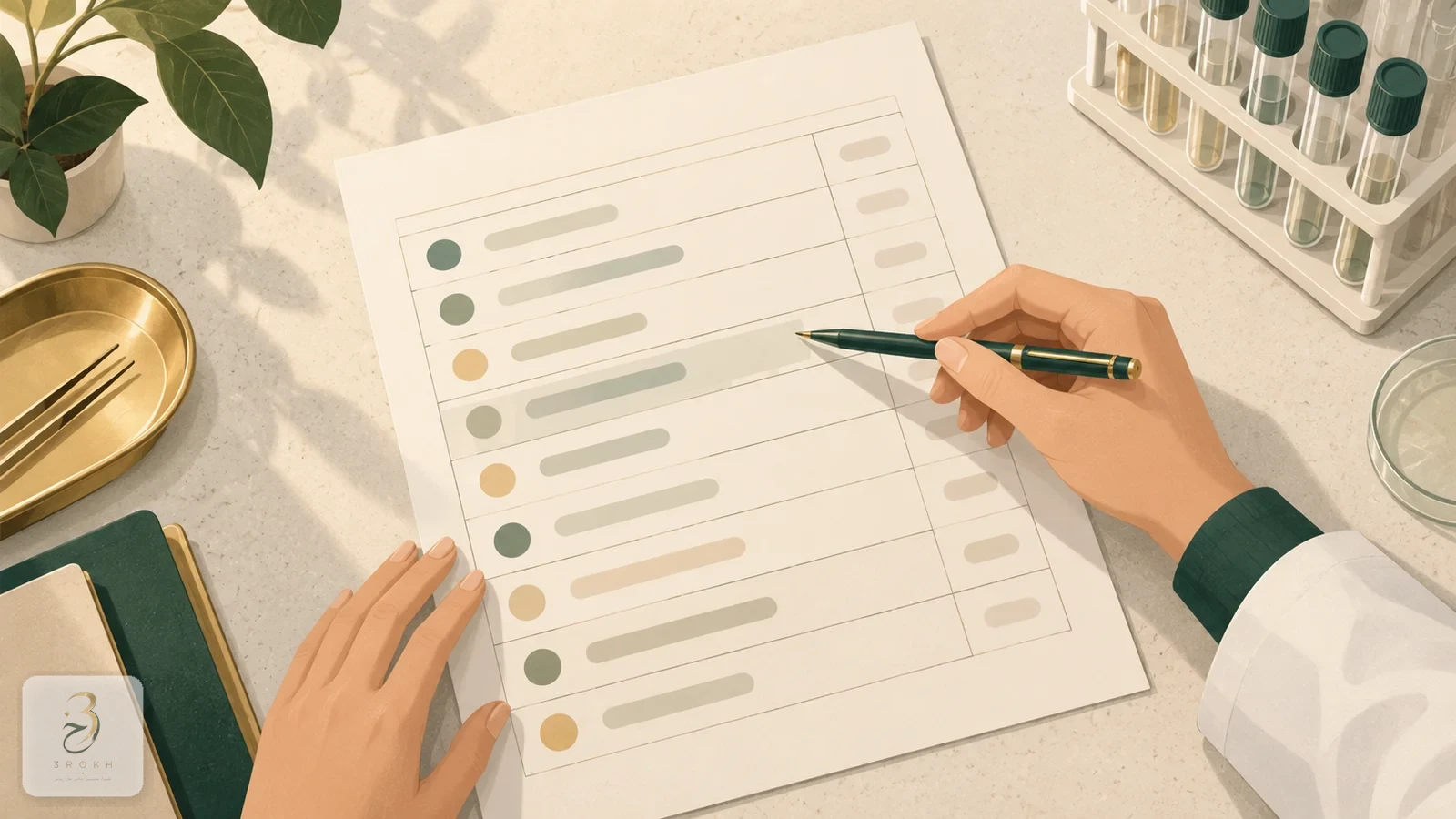 A plain tariff sheet in a laboratory with empty rows and a hand pointing to one of them