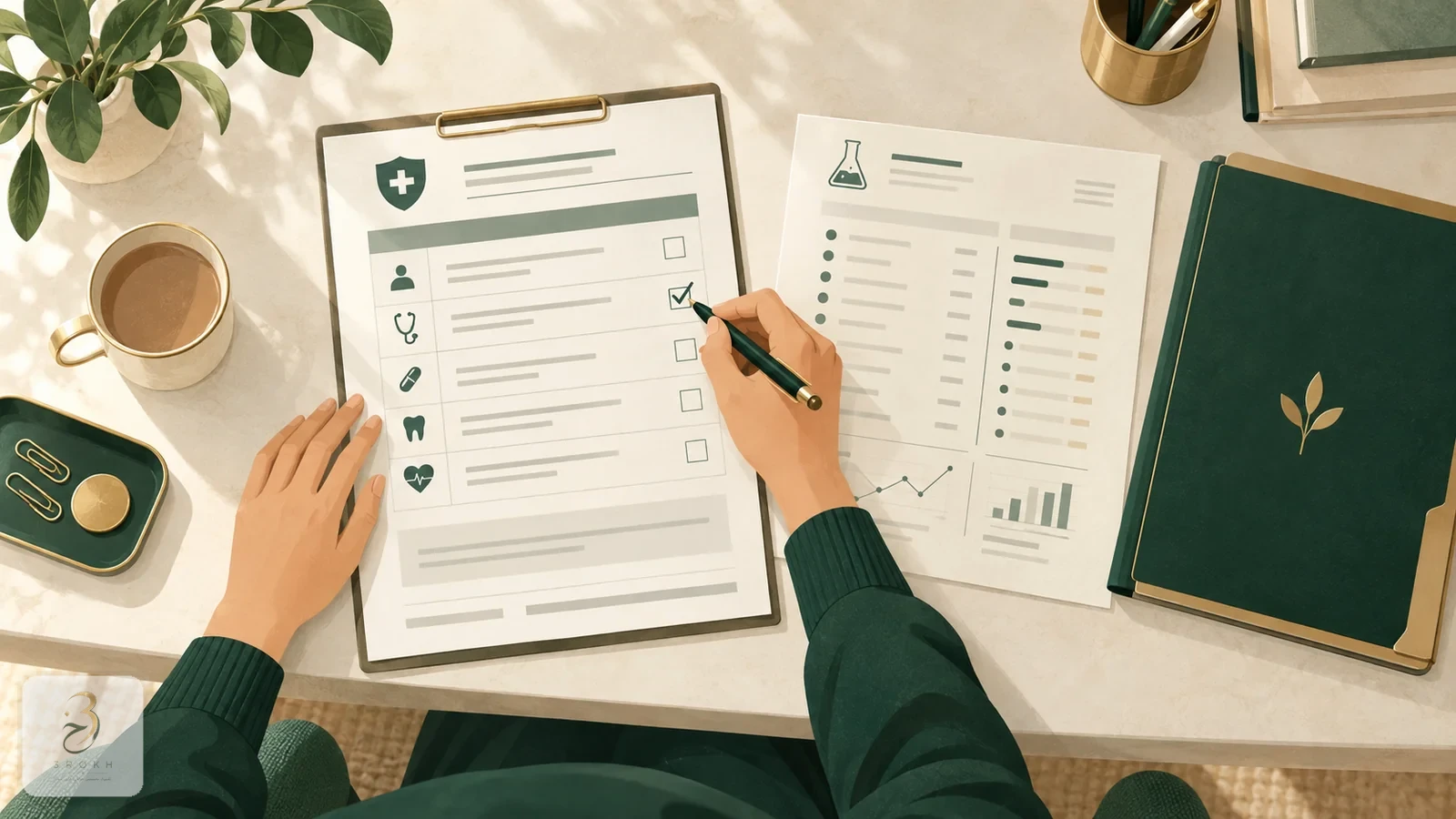 An insurance form and a laboratory slip side by side on a table, with a hand checking one of the rows
