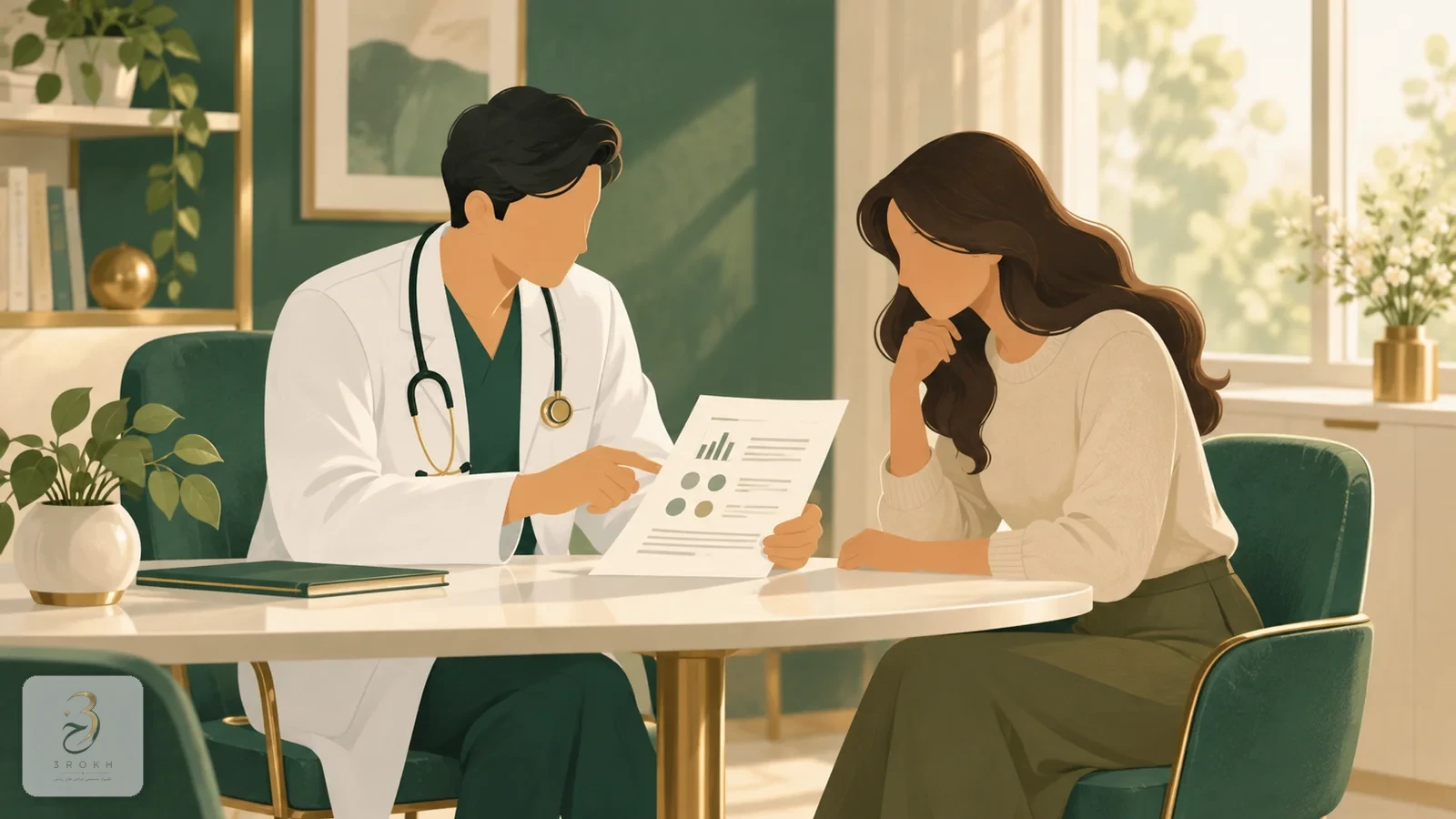 A surgeon and a patient looking over a laboratory sheet around a consultation table