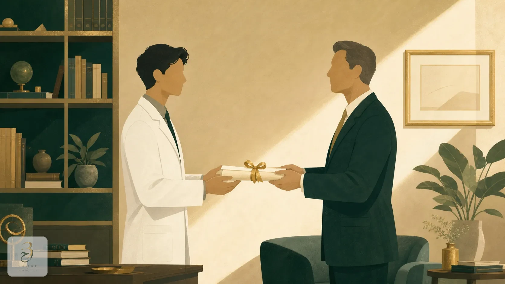 Young physician receiving a rhinology subspecialty certificate from a senior mentor